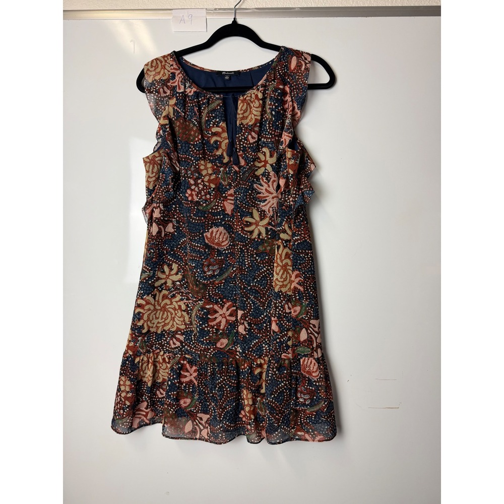 Madewell Batik Floral Ruffle Tiered Mini Dress Tassel Tie Navy Rust Small
